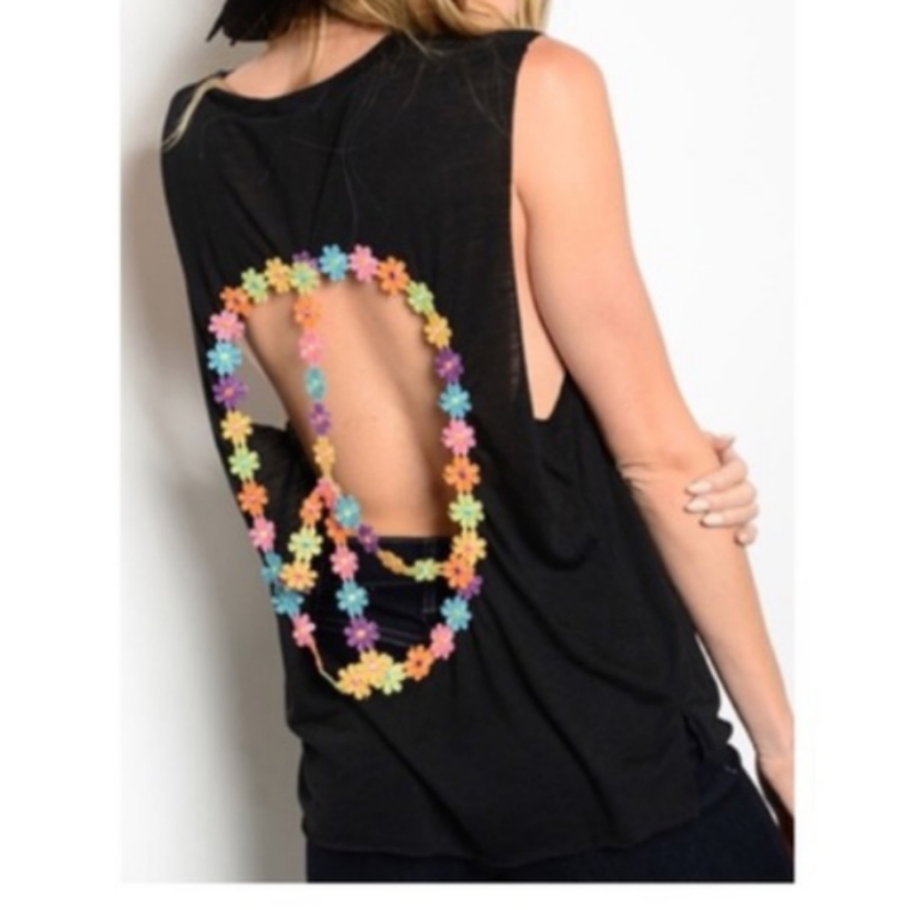 Black Sleeveless Top with Colorful Peace Sign